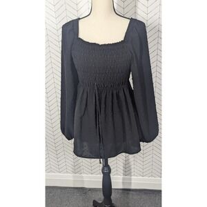 Whimsigoth Blouse Womens Medium Black Smocked Textured Y2K Witchy Fairy Goth